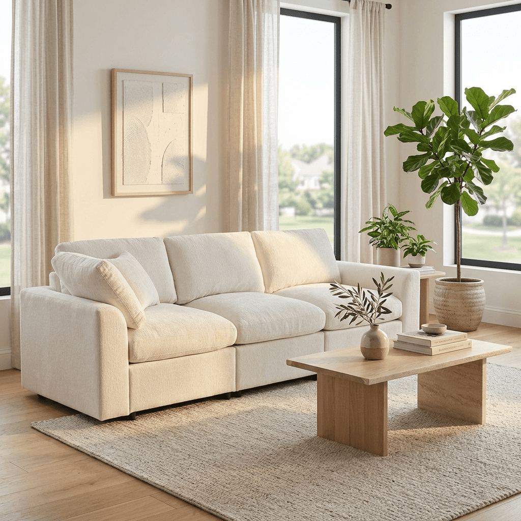 Howcool 101.6"W Modern 3-Seater Modular Sofa,Chenille Upholstered Deep Seating Sofa Couch with Pillows for Living Room,Apartment,Beige