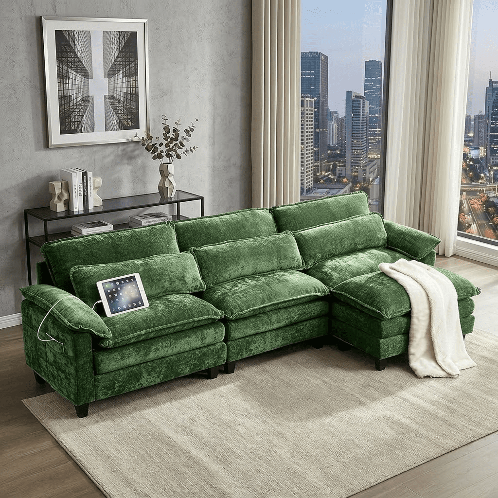 Howcool 113" Modular Sectional Sofa with Movable Ottoman, L Shaped Comfy Cloud Couch, Deep Seat 3-Seat Convertible Sofa, USB Ports & Side Pockets, Chenille Fabric,Green