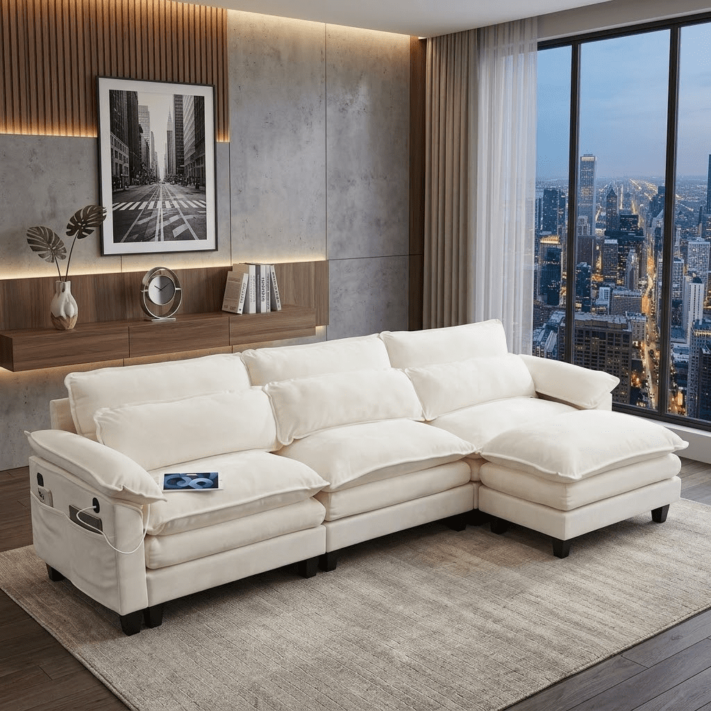 Howcool 113" Modular Sectional Sofa with Movable Ottoman, L Shaped Comfy Cloud Couch, Deep Seat 3-Seat Convertible Sofa, USB Ports & Side Pockets, Chenille Fabric,Beige