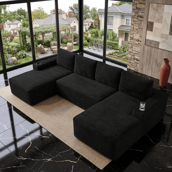 Howcool 133" Cloud Boneless U-Shaped Modular Corduroy Sectional Couch with Chaise, Deep Memory Foam Seat, Cup Holders & Side Pockets, No Assembly for Living Room, Black