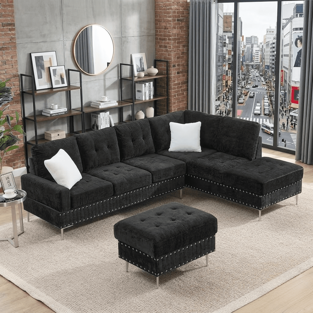 Howcool L Shaped Sectional Sofa, 4 Seater Couch with Chaise Lounge, Storage Ottoman, Cup Holders and Pillows, Modern Linen Fabric Couch for Living Room(Black)