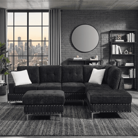 Howcool L Shaped Sectional Sofa, 4 Seater Couch with Chaise Lounge, Storage Ottoman, Cup Holders and Pillows, Modern Linen Fabric Couch for Living Room(Blue)