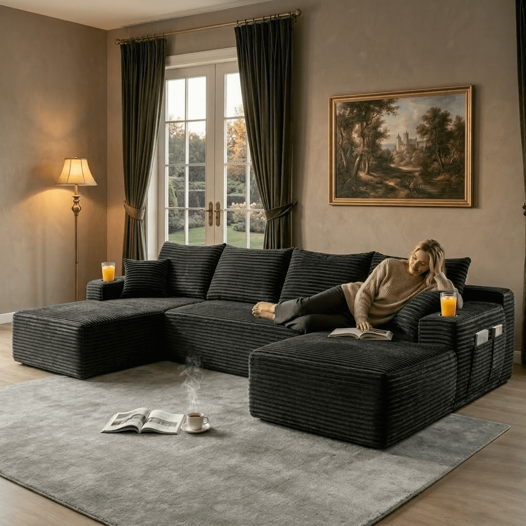 126" Oversized U Shaped Modular Sectional Sofa, Deep Seat Cloud Couch, Boneless Corduroy Compression Sofa, No Assembly, Modern Couch for Living Room, Grey