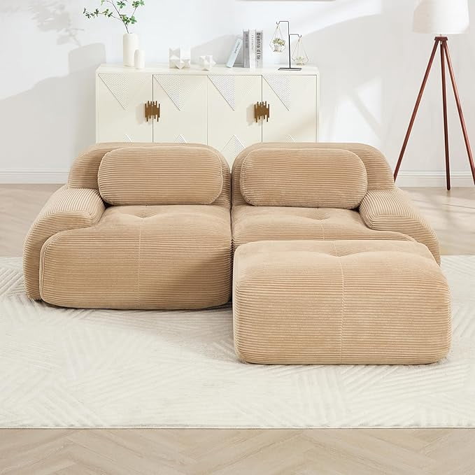Howcool 80" Modern Corduroy Boneless Love Seat Couches with 1 Ottoman,2 Seater Large Sectional Couches for Living Room,Cloud Modular Sectional Sofa,Memory Foam, Extra Deep Loveseat,No Assembly,Camel