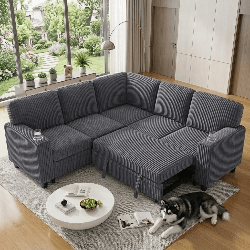 Howcool Modular Sectional Sleeper Sofa, 81" L-Shaped Oversized Cloud Couch with Pull-Out Bed, 5-Seat Corduroy Sofa with Storage Chaise, USB Charging and Cup Holders for Living Room Apartment,Gray