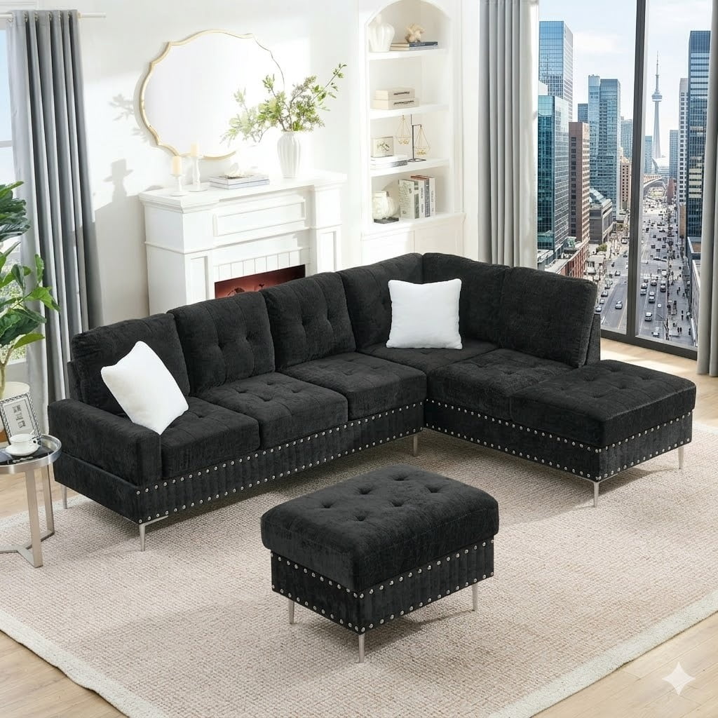Howcool 102'' Sectional Couches for Living Room, Modular 4-Seater Couch Sofa with Reversible Chaise & Cup Holders, L-Shaped Corner Sectional Sofa with Storage Ottoman for Apartment Office,Black