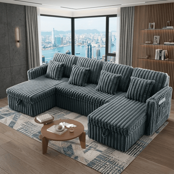 Howcool 107" Modular Sectional Sleeper Sofa, U-Shaped Pull-Out Bed with Storage Chaise, Fluffy Plush Corduroy Fabric, Cup Holders & USB Charging for Living Room,Dark Grey