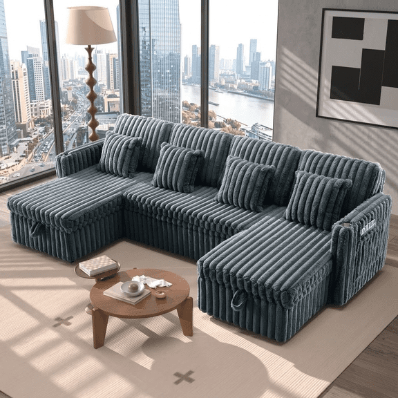 Howcool 107" Modular Sectional Sleeper Sofa, U-Shaped Pull-Out Bed with Storage Chaise, Fluffy Plush Corduroy Fabric, Cup Holders & USB Charging for Living Room,Dark Grey