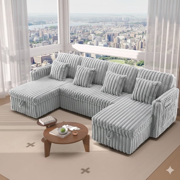 Howcool 107" Modular Sectional Sleeper Sofa, U-Shaped Pull-Out Bed with Storage Chaise, Fluffy Plush Corduroy Fabric, Cup Holders & USB Charging for Living Room,Light Grey