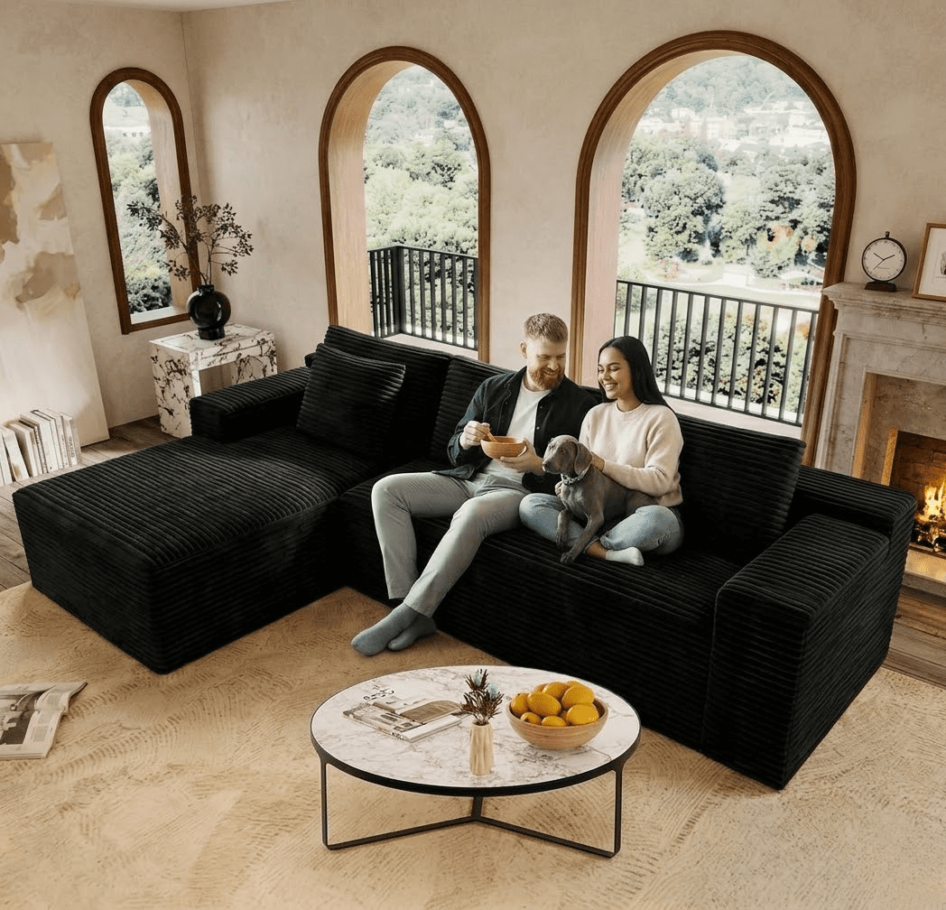 Howcool 104" Cloud Sectional Sofa, Oversized Boneless Modular L-Shaped Couch with Deep Seat & Oversized Chaise, Memory Foam Compression Sofa, No Assembly for Living Room Apartment,Black