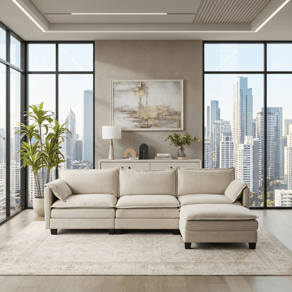 Howcool 107" Modular Sectional Sofa, L-Shaped Cloud Couch with Ottoman, Deep Seat Chenille Fabric, 4-Seat Convertible Couch for Living Room, Easy Assembly, Beige
