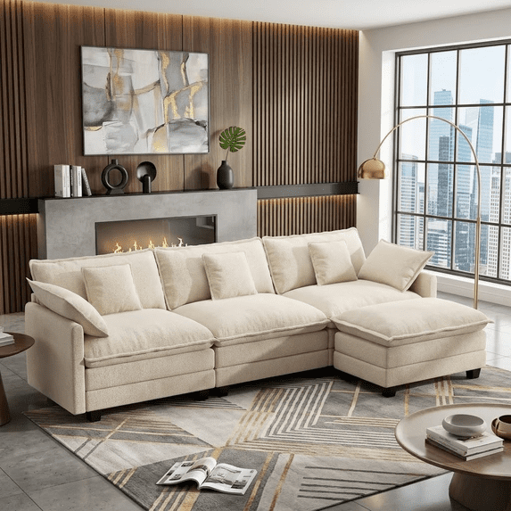 Howcool 107" Modular Cloud Couch, L-Shaped Sectional Sofa with Ottoman, Deep Seat Chenille Fabric 4-Seat Convertible Couch for Living Room, Easy Assembly, Beige(Thick Sponge)