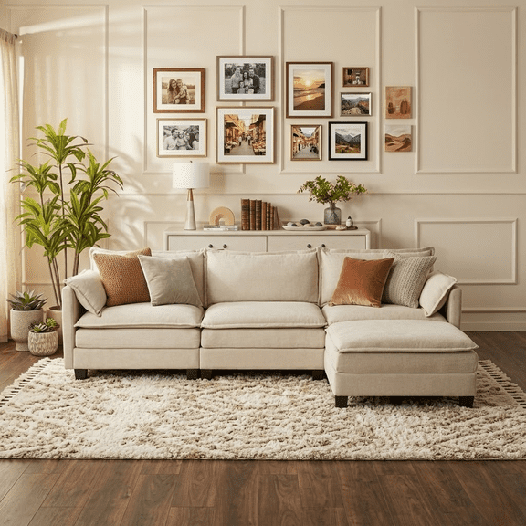 Howcool 107" Modular Sectional Sofa, L-Shaped Cloud Couch with Movable Ottoman, Deep Seat Chenille Fabric, 3 Seat Convertible Design for Living Room Apartment Bedroom,Beige