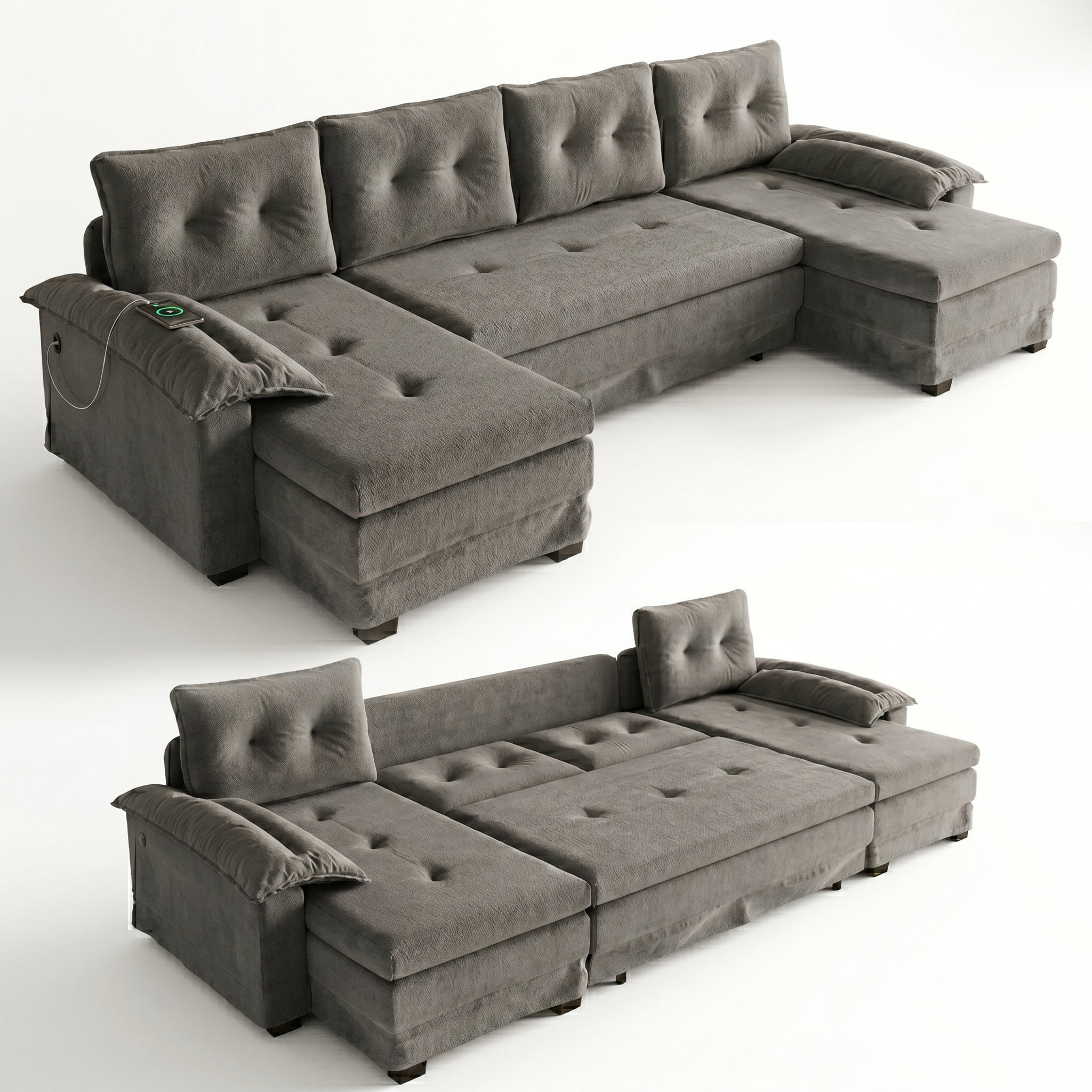 Howcool 110" U-Shaped Sleeper Sofa with Pull Out Bed, USB Ports and