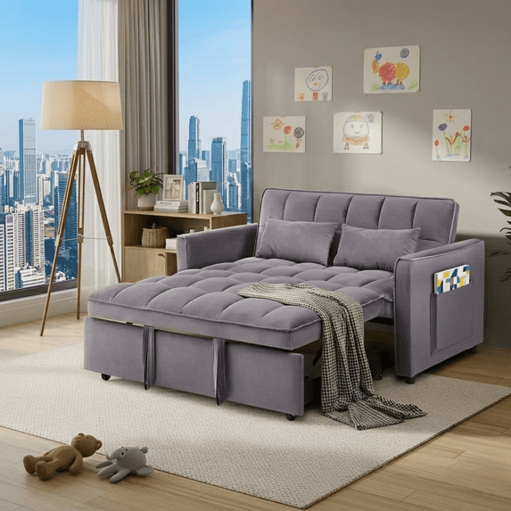 Howcool 55" 3 in 1 Convertible Sleeper Sofa Bed, Pull Out Loveseat Couch with Storage Pocket,Dark grey(Thick Sponge)
