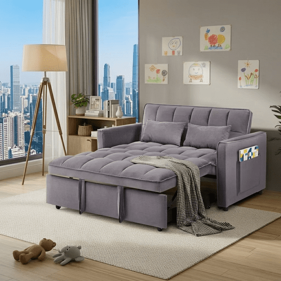 Howcool 55" 3 in 1 Convertible Sleeper Sofa Bed, Pull Out Loveseat Couch with Storage Pocket,Dark grey(Thick Sponge)
