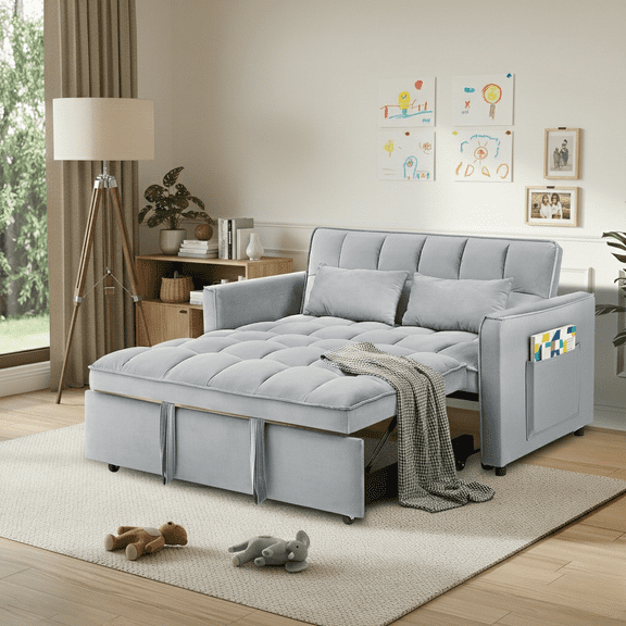 Howcool Convertible Sleeper Sofa Bed,3-in-1 Pull Out Loveseat Couch with Adjustable Backrest & Storage Pockets,54" Velvet Upholstery,Space-Saving for Living Room Apartment,Light grey