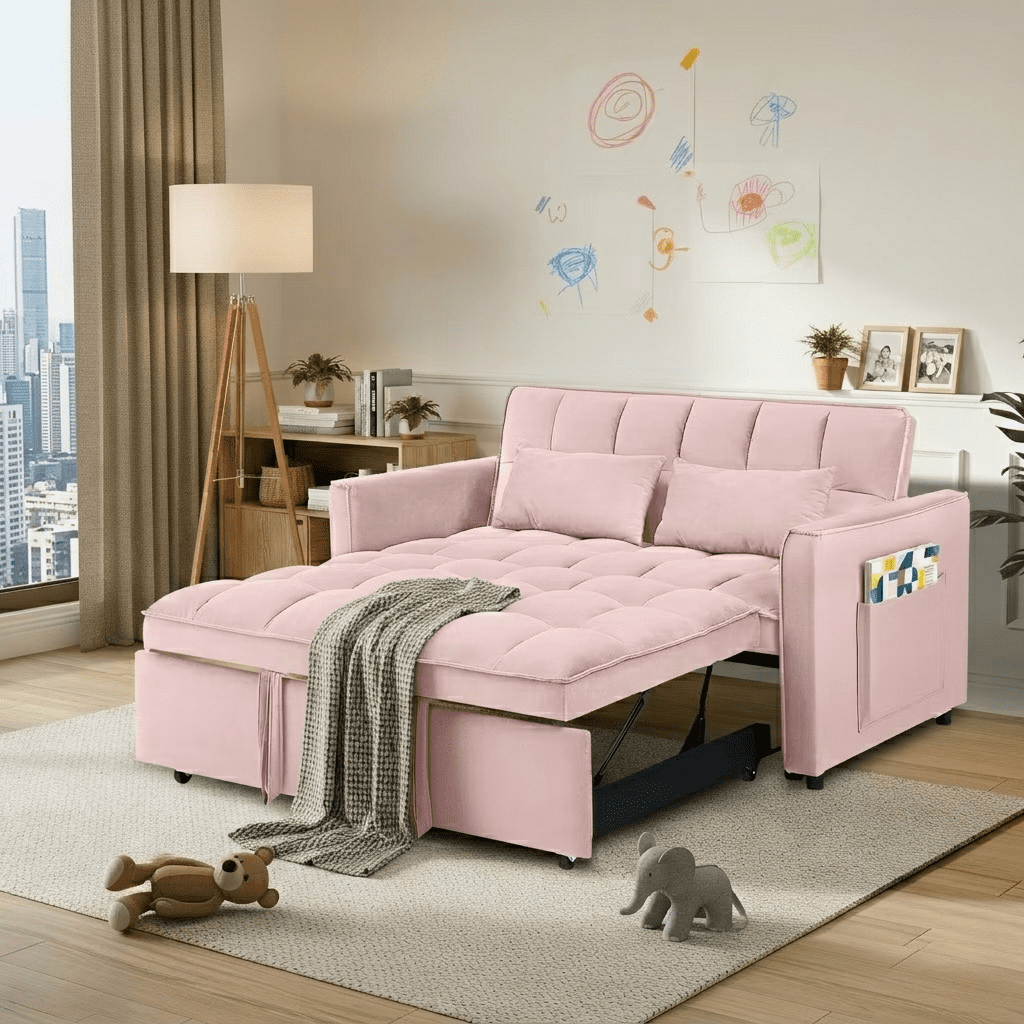 Howcool 55" 3 in 1 Convertible Sleeper Sofa Bed, Pull Out Loveseat Couch with Storage Pocket,Pink