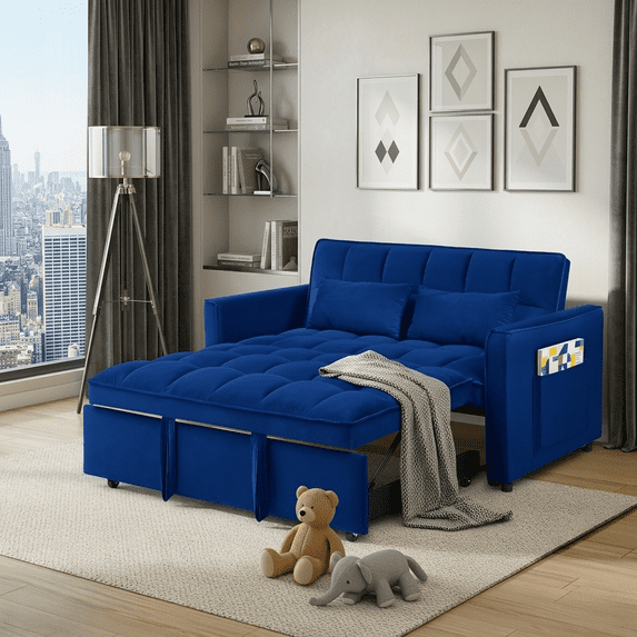 Howcool 55" 3 in 1 Convertible Sleeper Sofa Bed, Pull Out Loveseat Couch with Storage Pocket,Blue
