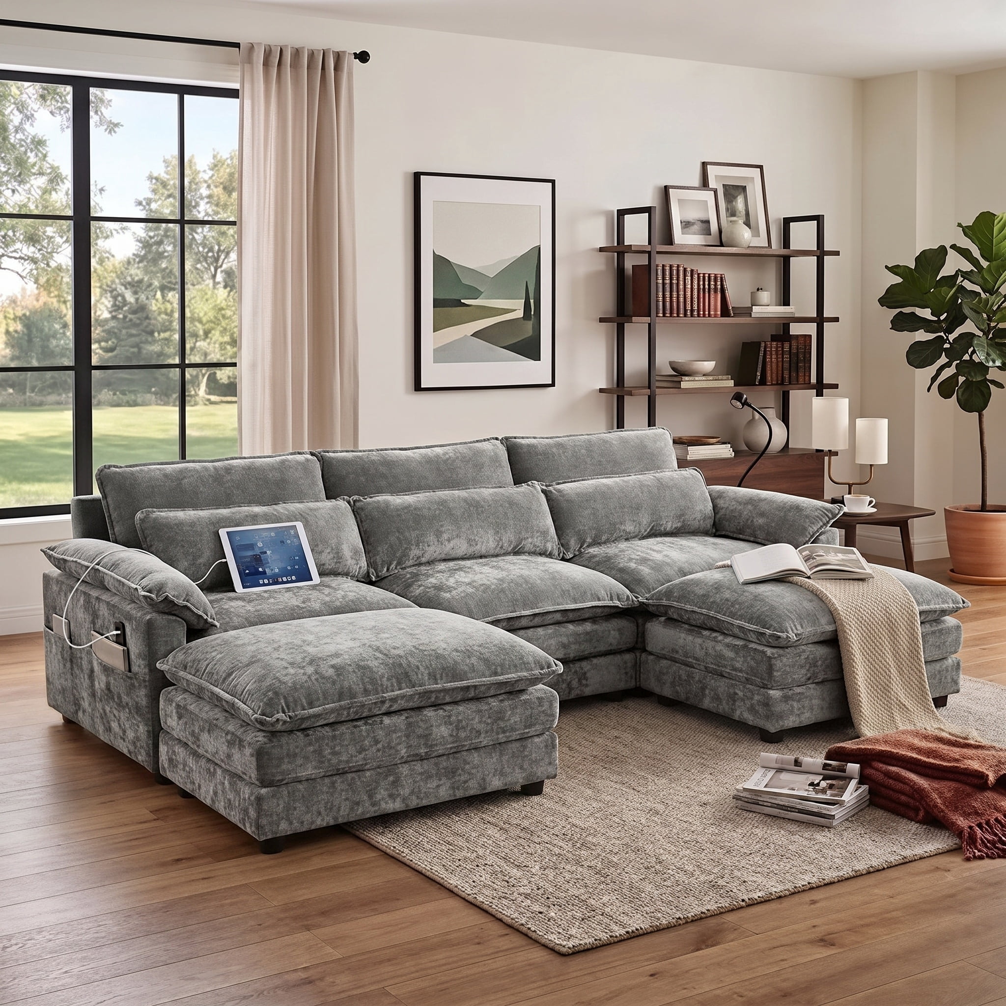Howcool Cloud Couch Modular Sectional Sofa 3 Seat 113" U Shaped Convertible Couch Chenille Thick Cushion with Ottoman, Removable & Washable Cover for Living Room, Grey