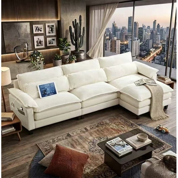 113" Cloud Modular Sectional Sofa with Movable Ottoman for Living Room, L-Shaped Deep Seat Comfy Convertible Couch, Oversized 3-Seat, Chenille Fabric, USB Ports & Side Pockets, Beige