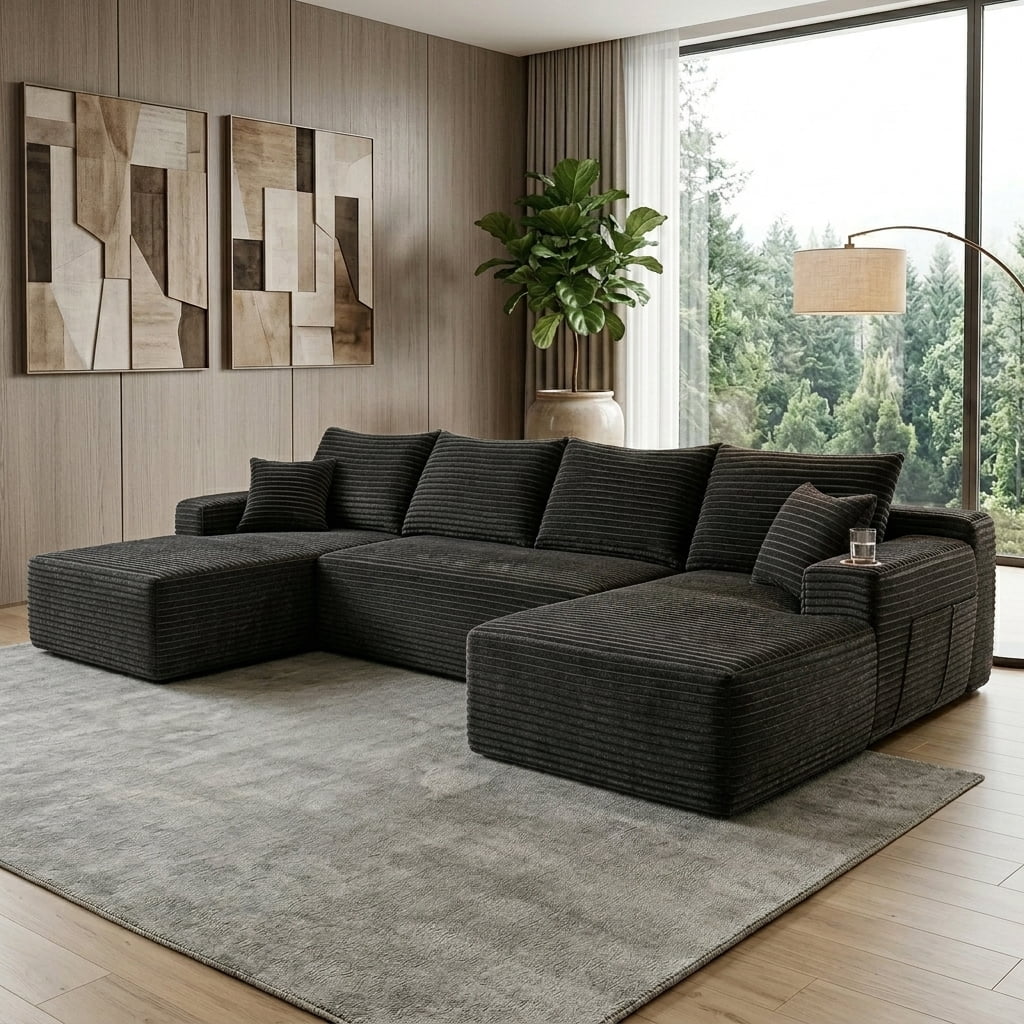 Howcool 134" Modular Cloud Couch, U-Shaped Sectional Sofa with Double Chaise, Oversized Deep Seat Boneless Corduroy Sofa with Cup Holders & Side Pockets, No Assembly Required, Grey