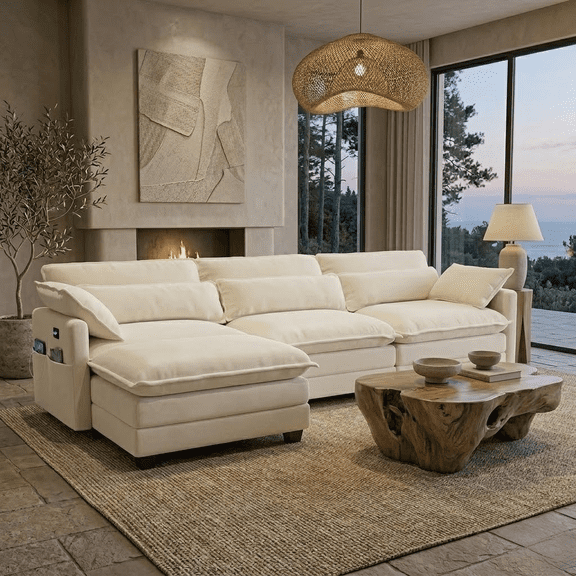 Howcool 113" Modular Sectional Sofa with Movable Ottoman , 3 Seater L Shaped Cloud Couch for Living Room, USB Charging Ports & Side Pockets, Chenille Fabric, Green