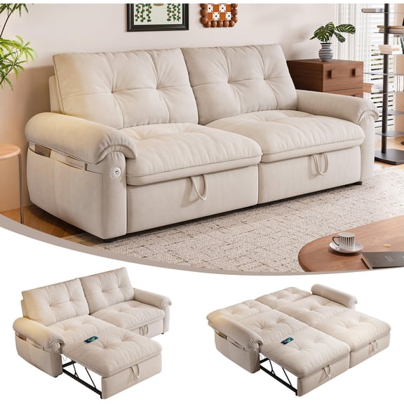 3-in-1 Convertible Sofa Bed, 77" Queen Size Loveseat Sleeper with Pull Out Bed, USB and Side Storage Pockets, Modern 2 Seater Small Couch for Apartment Living Room, Velvet Fabric, RV-Friendly, Pink