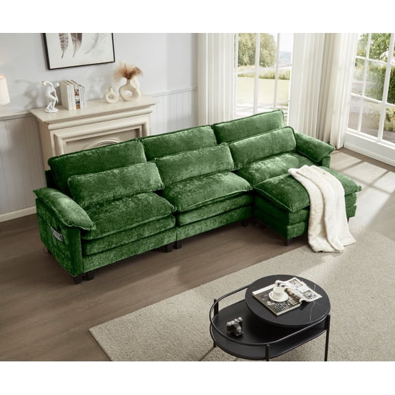 Howcool 113" Modular Sectional Sofa , 3 Seater L-Shaped Cloud Couch with Movable Ottoman, USB Charging Ports & Side Pockets, Sectional couchs for Living Room,Chenille Fabric,Green(Thick Sponge)