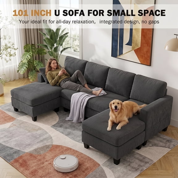 Howcool 106" Cloud Sectional Sofa with Extra Deep Seat,U Shaped Sectional Couches for Living Room,4 Seater Corduroy Sofas & Couches,Modern Apartment Couch with Double Chaise Lounge,Grey