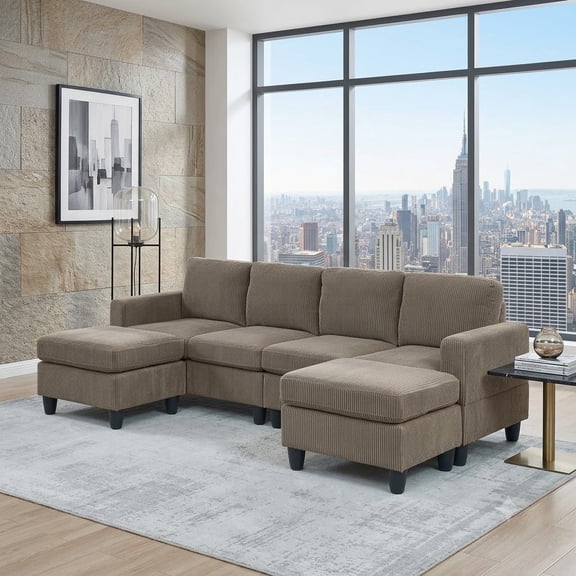 Howcool Cloud Couch Modular Sectional Sofa 6 Seat 101" U Shaped Convertible Couch Chenille Thick Cushion with 2 Storage Ottomans Washable Removable Cover for Living Room,Camel