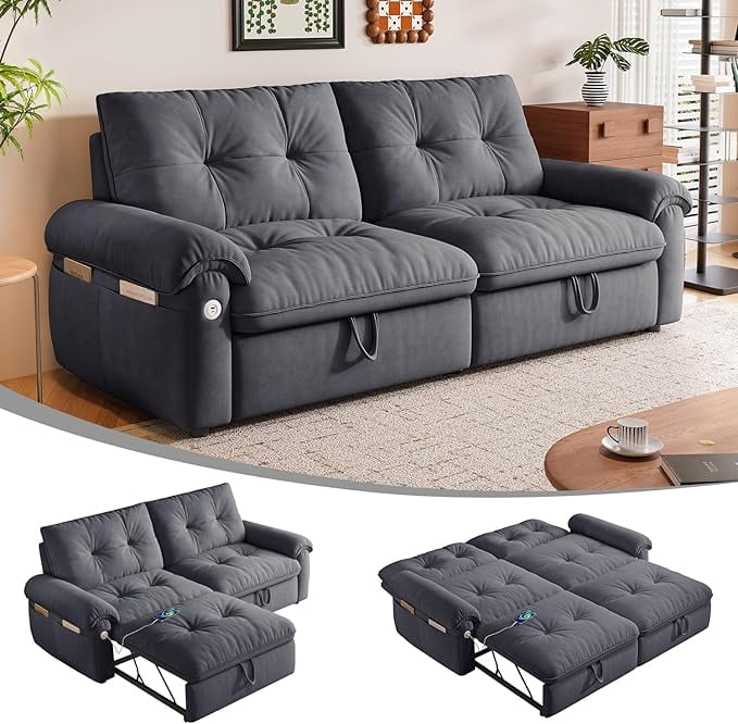 3-in-1 Convertible Sofa Bed, 77" Queen Size Loveseat Sleeper with Pull Out Bed,USB and Side Storage Pockets,Modern 2 Seater Small Couch for Apartment Living Room, Velvet Fabric,RV-Friendly,Dark Gray