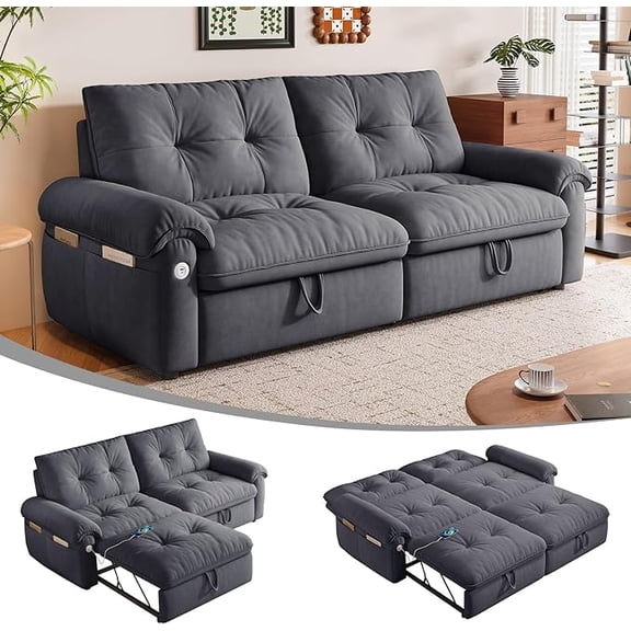 3-in-1 Convertible Sofa Bed, 77" Queen Size Loveseat Sleeper with Pull Out Bed,USB and Side Storage Pockets,Modern 2 Seater Small Couch for Apartment Living Room, Velvet Fabric,RV-Friendly,Dark Gray