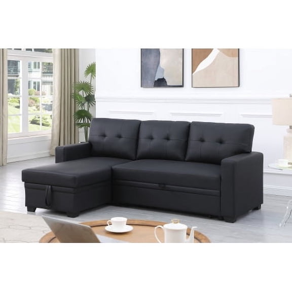 Howcool 82" Sectional Sofa Bed, L-Shaped Sleeper Pull Out Couch with Storage Chaise & USB Charging Ports, Faux Leather Fabric for Small Apartment Living Room,Black