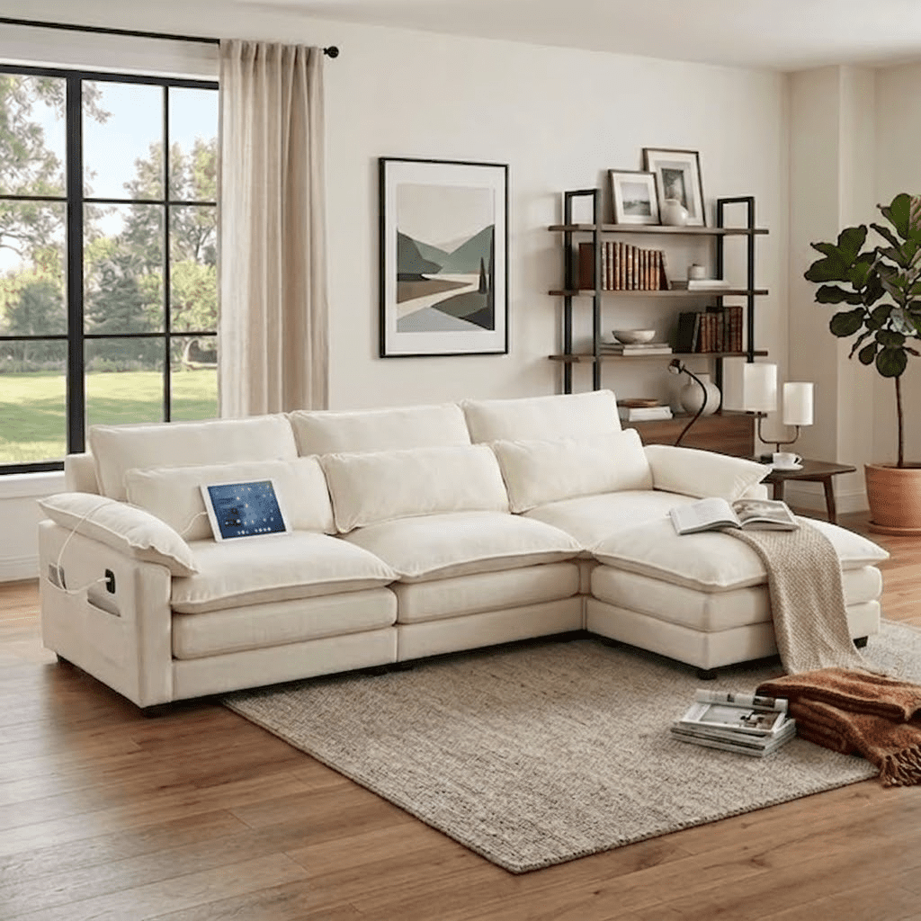 Howcool Cloud Couch Modular Sectional Sofa 3 Seat 113" L Shaped Convertible Couch Chenille Thick Cushion with Ottoman, Removable & Washable Cover for Living Room, Beige