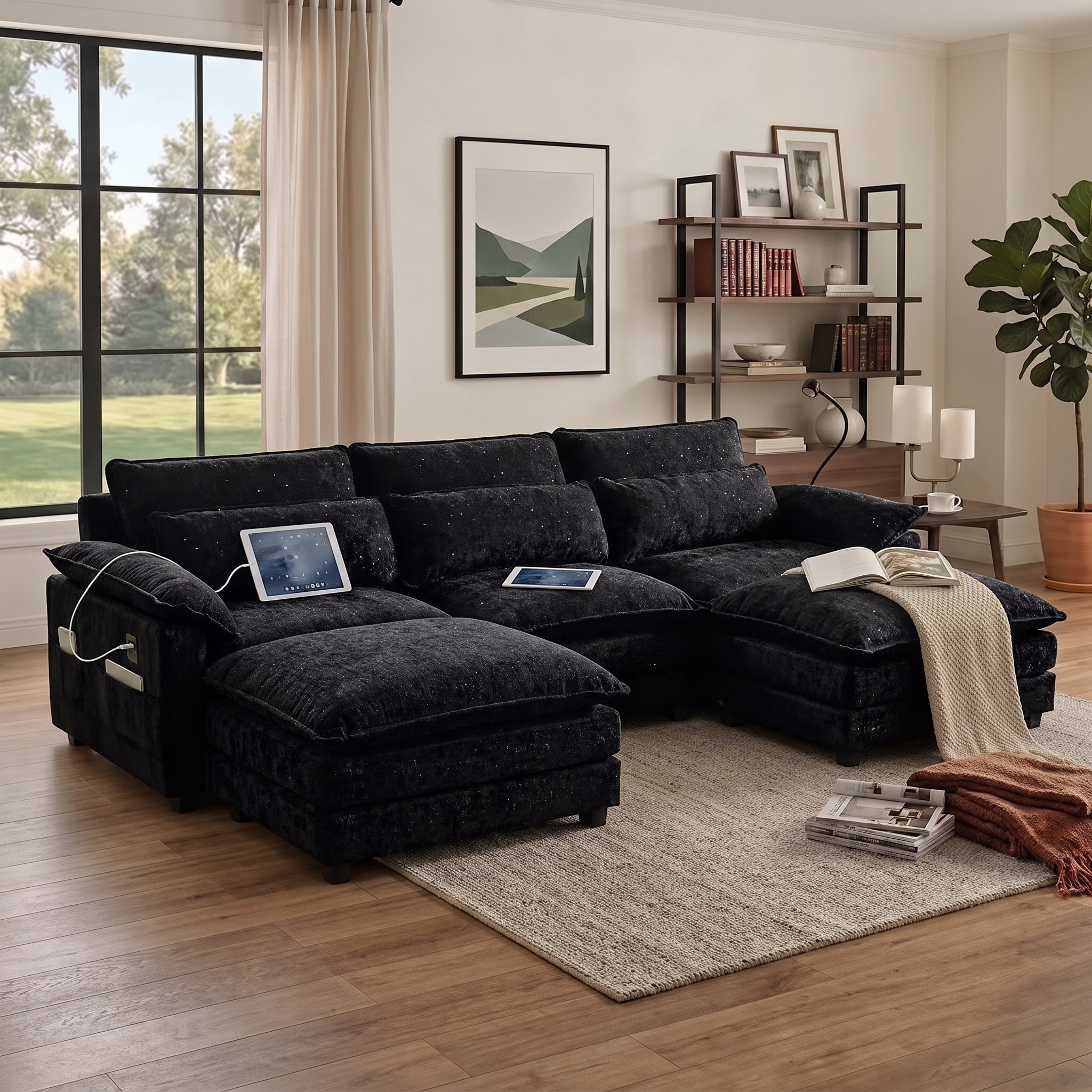 Howcool Cloud Couch Modular Sectional Sofa 3 Seat 113" U Shaped Convertible Couch Chenille Thick Cushion with Ottoman, Removable & Washable Cover for Living Room, Black