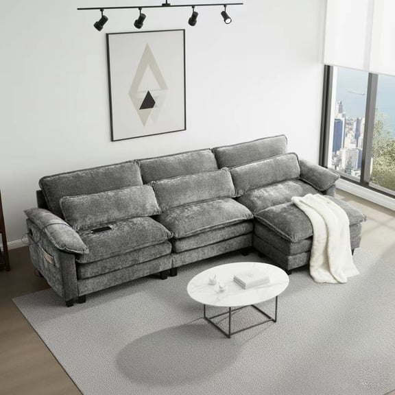 Howcool 113" Modular Sectional Sofa , 3 Seater L-Shaped Cloud Couch with Movable Ottoman, USB Charging Ports & Side Pockets, Sectional couchs for Living Room,Chenille Fabric,Grey