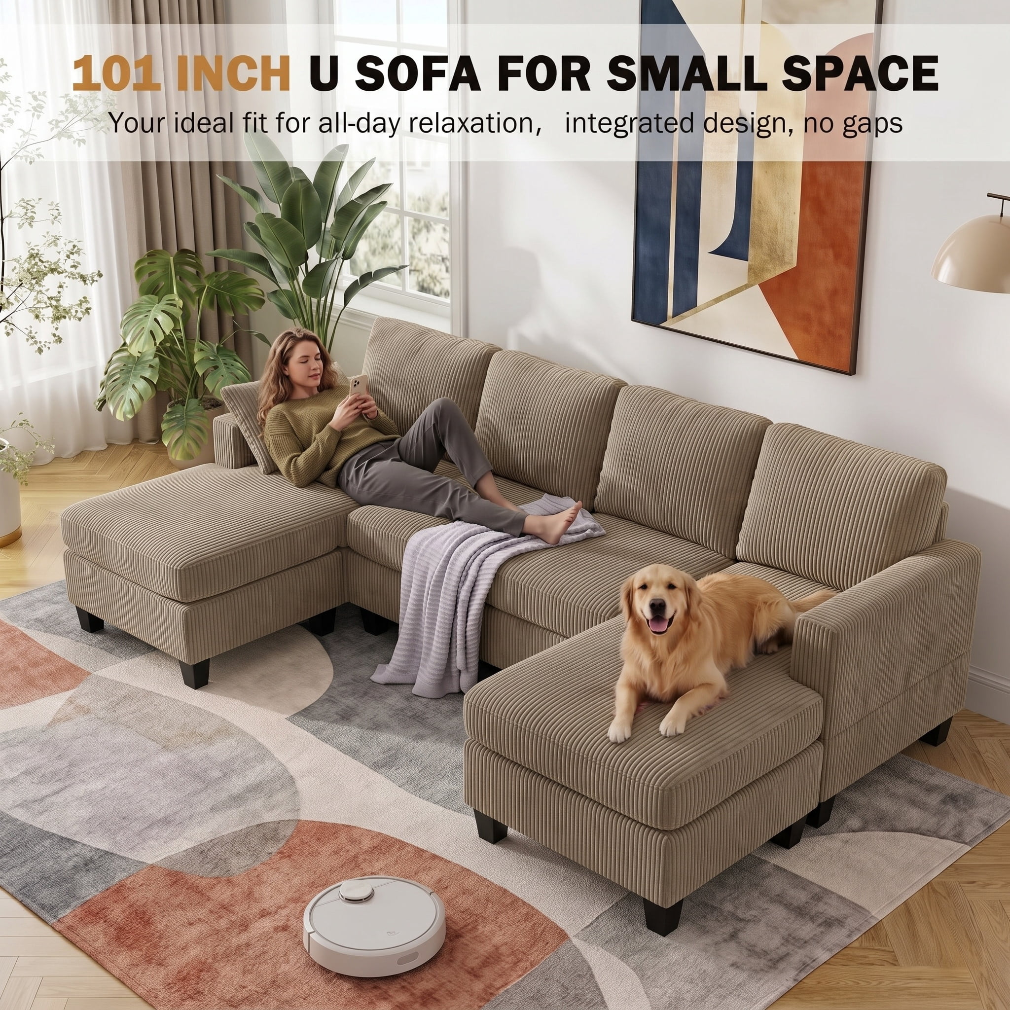 Howcool 106" Cloud Sectional Sofa with Extra Deep Seat,U Shaped Sectional Couches for Living Room,4 Seater Corduroy Sofas & Couches,Modern Apartment Couch with Double Chaise Lounge,Camel