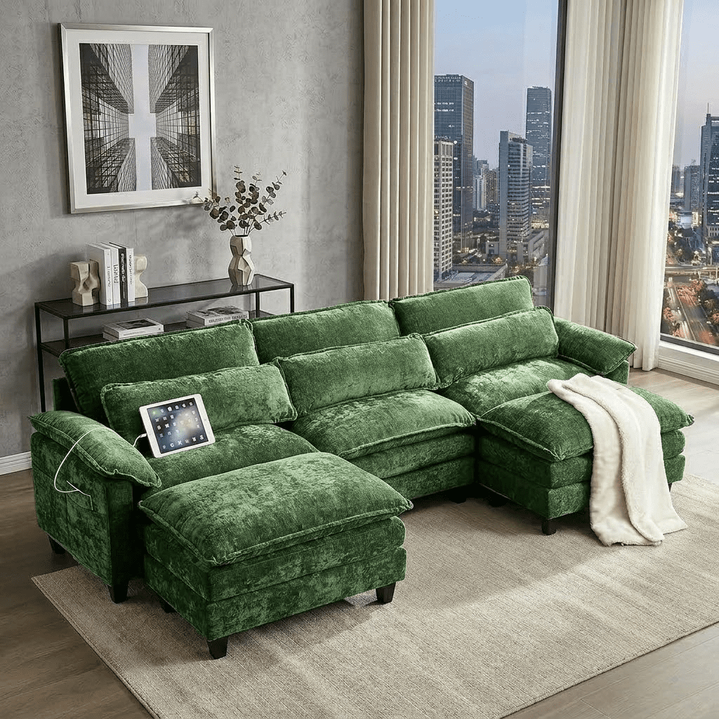 Howcool 113" Modular Sectional Sofa with Movable Ottomans, U Shaped Comfy Cloud Couch, Deep Seat 3-Seat Convertible Sofa, USB Ports & Side Pockets, Chenille Fabric,Green