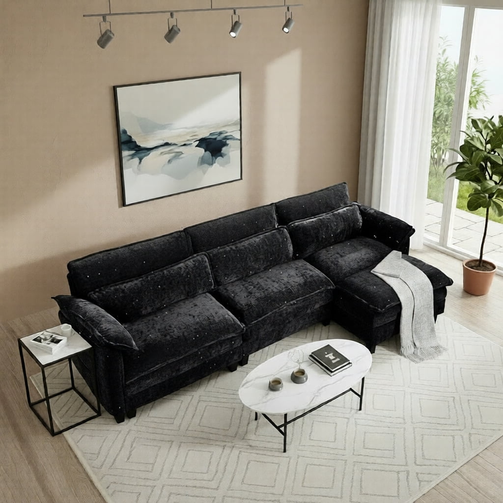 Howcool 113" Modular Sectional Sofa , 3 Seater L-Shaped Cloud Couch with Movable Ottoman, USB Charging Ports & Side Pockets, Sectional couchs for Living Room,Chenille Fabric,Black
