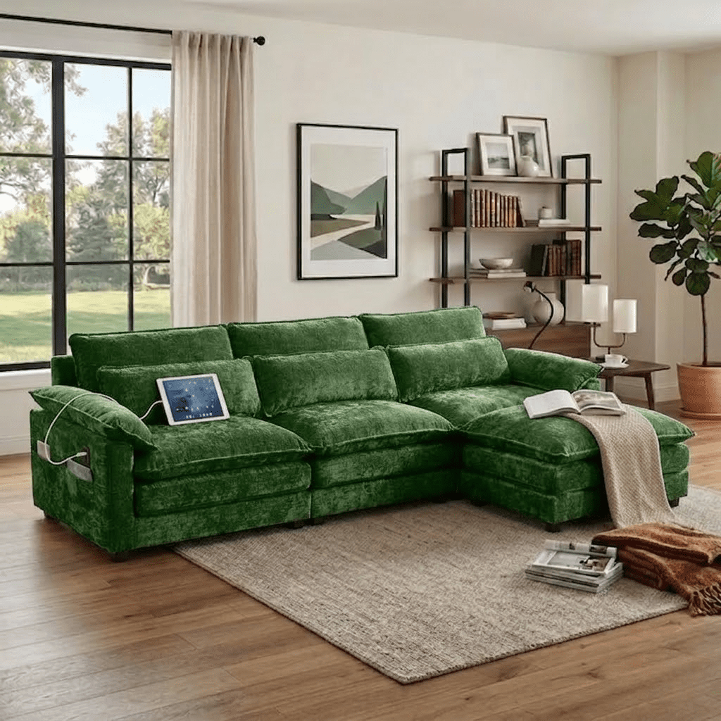 Howcool Cloud Couch Modular Sectional Sofa 3 Seat 113" L Shaped Convertible Couch Chenille Thick Cushion with Ottoman, Removable & Washable Cover for Living Room, Green
