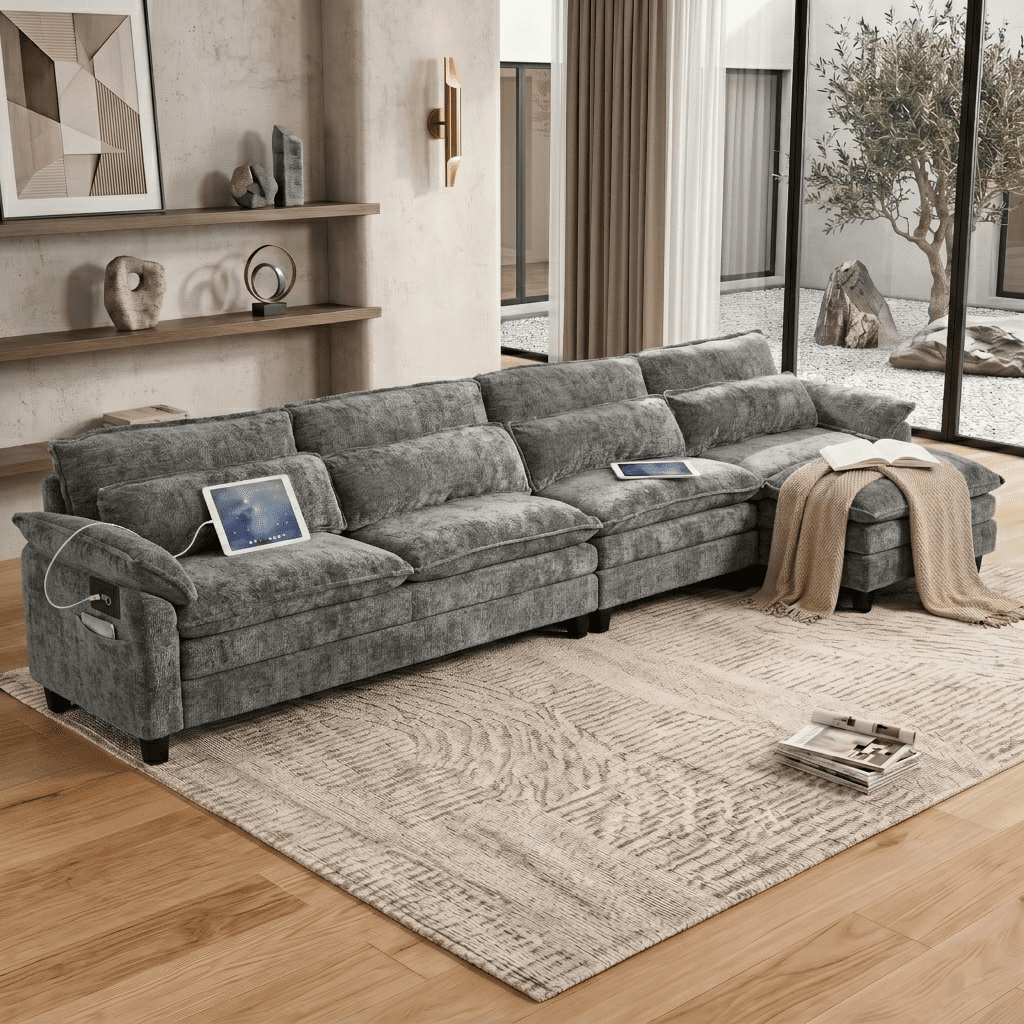 Howcool Cloud Couch Modular Sectional Sofa 4 Seat 148" L Shaped Convertible Couch Chenille Thick Cushion with Ottoman, Removable & Washable Cover for Living Room, Grey