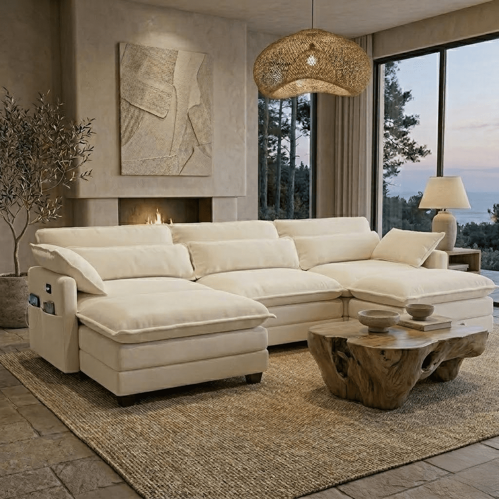 Howcool 113" Modular Sectional Sofa with Movable Ottoman , 3 Seater U Shaped Cloud Couch for Living Room, USB Charging Ports & Side Pockets, Chenille Fabric, Beige
