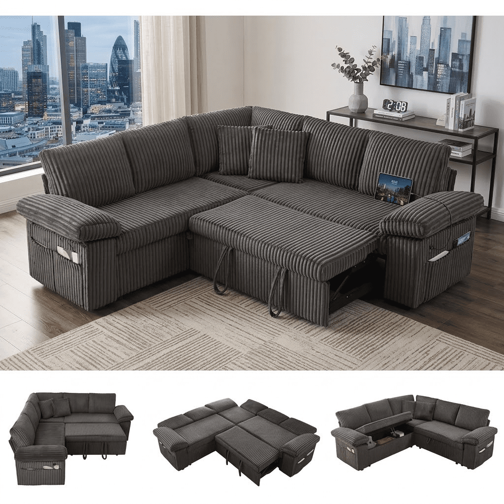 EPOWP 81" Modular Sectional Sleeper Sofa, L Shaped 5-Seater Couch with Pull Out Bed, Large Storage Chaise, USB Charging Ports & Adjustable Backrest, Corduroy Sofa Bed for Living Room,Dark Grey
