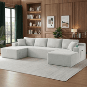 134 Inch Cloud Couch U-Shaped Modular Sectional Sofa, Deep Seat Corduroy Boneless Sofa with Cupholders & Side Storage, Modern Upholstered Couches for Living Room, No Assembly, Light Grey