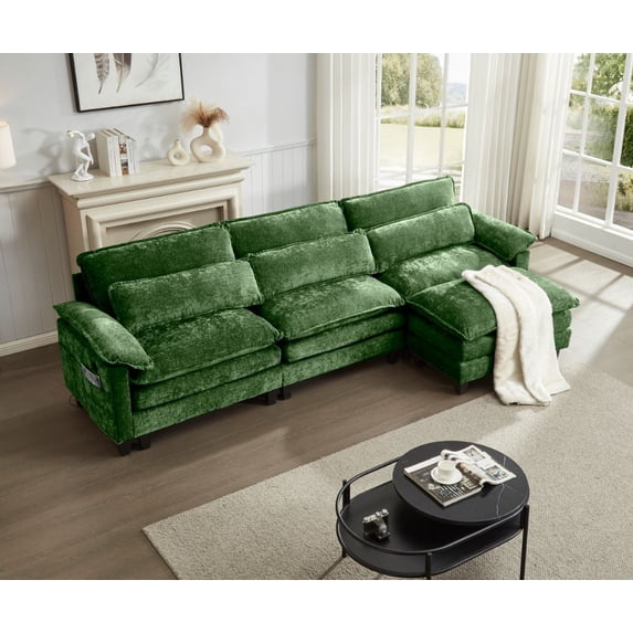 Howcool 113" Modular Sectional Sofa , 3 Seater L-Shaped Cloud Couch with Movable Ottoman, USB Charging Ports & Side Pockets, Sectional couchs for Living Room,Chenille Fabric,Green