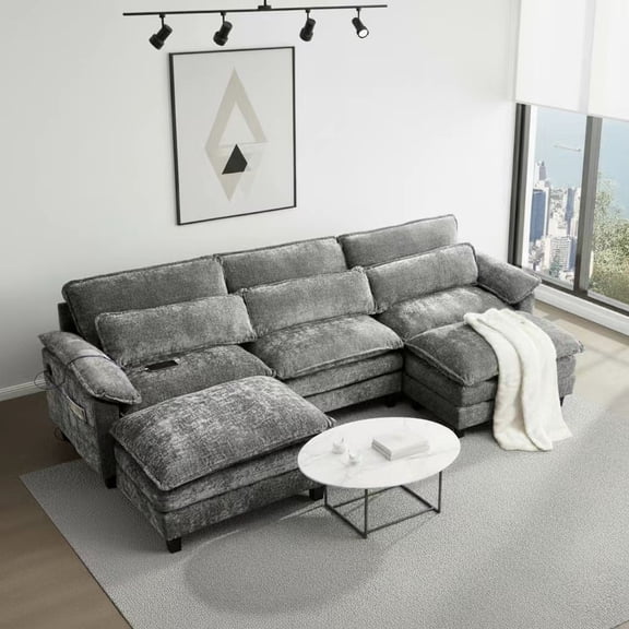 Howcool 113" Modular Sectional Sofa , 3 Seater U-Shaped Cloud Couch with Movable Ottoman, USB Charging Ports & Side Pockets, Sectional couchs for Living Room,Chenille Fabric,Grey
