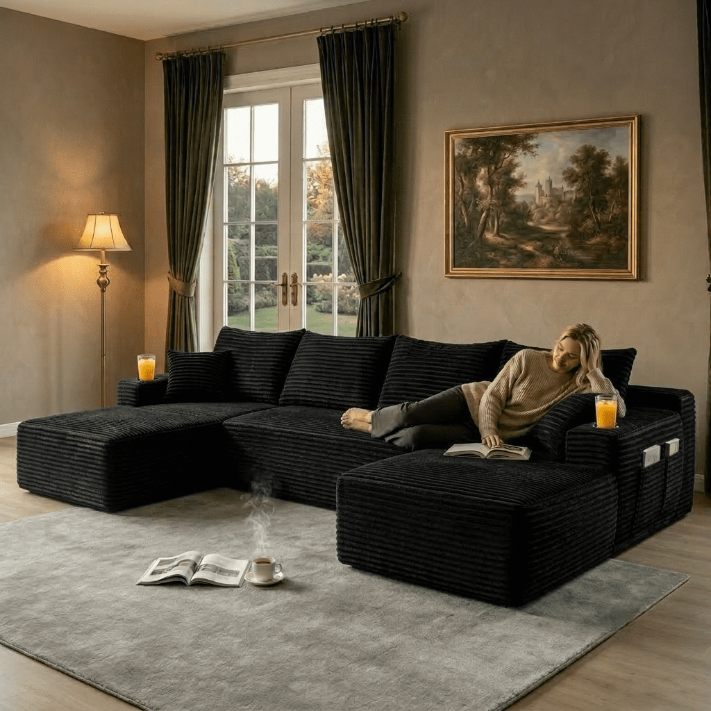 Howcool 126" Oversized U-Shaped Modular Sectional Sofa, Cloud Couch with Double Chaise & Deep Seats, Boneless Corduroy Couch for Living Room & Apartment, No Assembly Required, Black