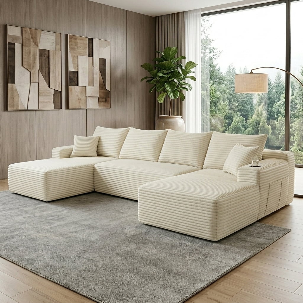 Howcool 134" Modular Cloud Couch, U-Shaped Sectional Sofa with Double Chaise, Oversized Deep Seat Boneless Corduroy Sofa with Cup Holders & Side Pockets, No Assembly Required, Beige