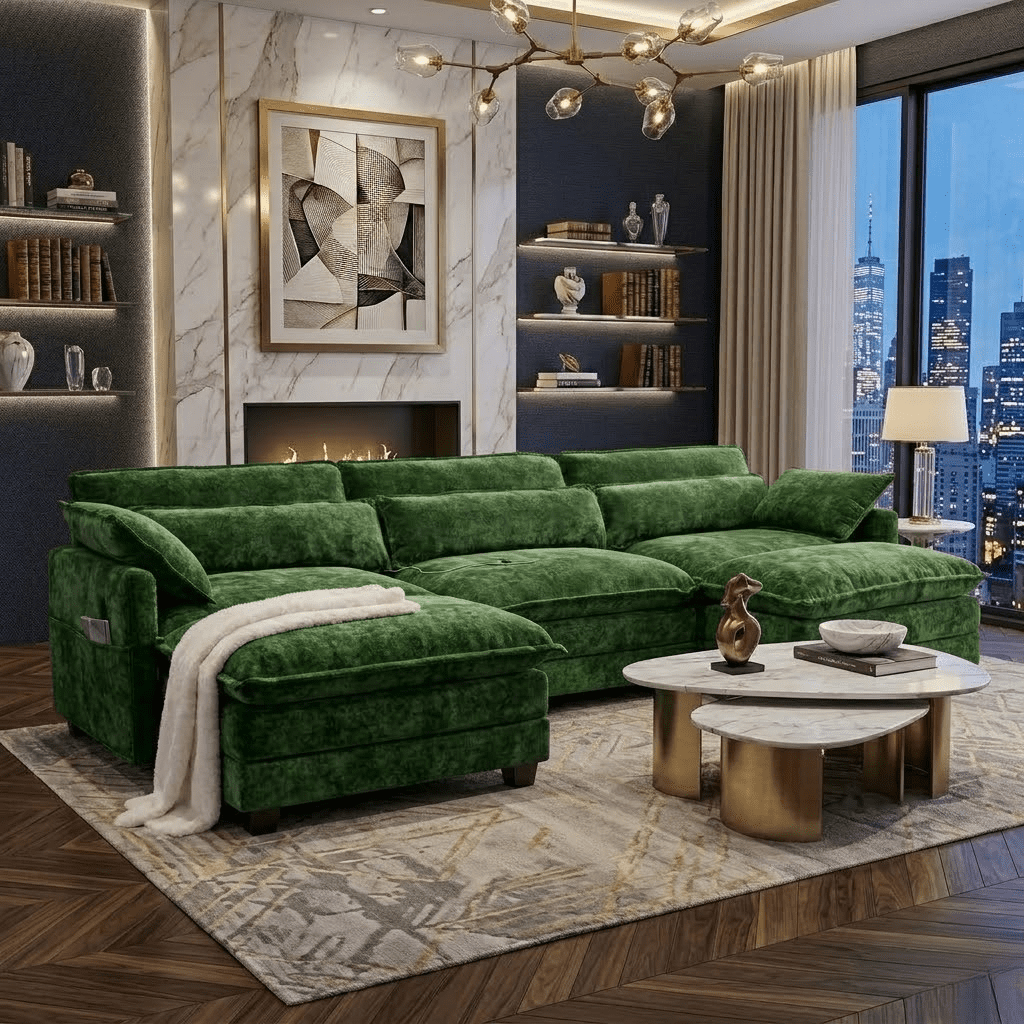 Howcool 113" Modular Sectional Sofa with Movable Ottoman , 3 Seater U Shaped Cloud Couch for Living Room, USB Charging Ports & Side Pockets, Chenille Fabric, Beige